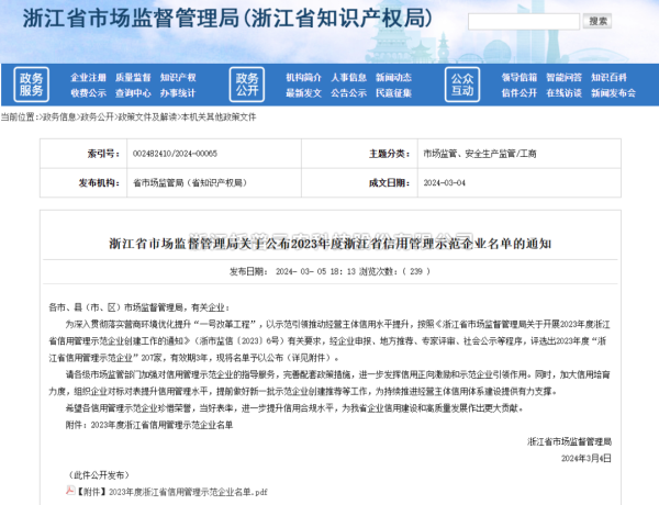 好色视频下载链接入選2023年度浙江省信用管理示範企業名單
