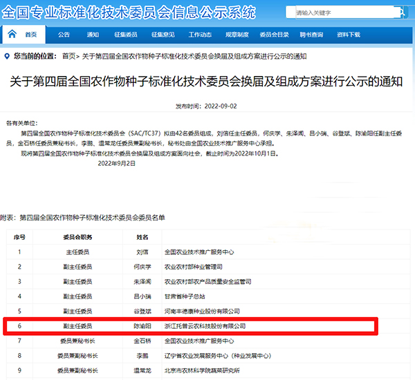 董事長陳渝陽入選全國農作物好色先生APP官方下载標準化技術委員會副主任委員